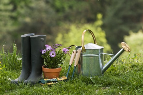 In an outdoor garden setting, a pair of black rubber rain boots stand upright on the grassy lawn. Next to them, a small terracotta pot holds a cluster of purple and white flowers. Nearby, various gardening tools with wooden handles, including a garden fork and trowel, are arranged on the grass. A silver metal watering can with a wooden handle and spout is positioned among the tools, with a roller-style garden tool leaning against it. The background features blurred green foliage and trees, indicating a natural, well-maintained outdoor space, possibly part of a backyard or community garden in Shepherd's Bush. The scene is illuminated by natural daylight, suggesting a bright, clear day, highlighting the textures of the grass, the shine of the watering can, and the vibrant colours of the flowers, reflecting professional gardening and lawn care activities by Landscapers Shepherds Bush.