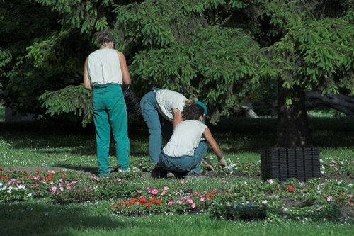 In this outdoor garden scene, three individuals are engaged in gardening activities beneath the leafy canopy of large, mature trees. The foreground features a neatly maintained lawn with dense, green grass, bordered by flower beds that contain a variety of small, colorful flowering plants in shades of pink, red, and white. One person is kneeling on the grass, tending to the flower bed, while another is slightly bent over, possibly planting or weeding, and a third individual stands nearby observing or assisting. The garden appears well-kept and organized, with the flower beds edged by mulch or soil. The surrounding environment suggests a private or community garden space, with a mix of shaded areas and sunlight filtering through the tree branches. This natural setting highlights grounds maintenance and planting work typical of professional gardening services, such as those provided by Landscapers Shepherds Bush, and showcases a peaceful, lush outdoor area suitable for outdoor leisure and horticultural care.