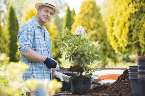 In the image, a man is working in a garden, planting a flowering shrub in a black plastic pot, which is filled with soil. He is wearing a light-coloured fedora hat, a blue checkered shirt, gardening gloves, and has a gentle smile on his face. The garden environment shows a freshly prepared flower bed bordered with a small mound of soil, surrounded by gardening tools and empty pots. In the background, there are lush green trees and a blurred backdrop of a park or landscaped outdoor space, suggesting a well-maintained garden area typical of residential or community gardens in Shepherds Bush, London. The scene is illuminated by natural daylight, indicating clear weather conditions, and the overall setting reflects professional gardening activities associated with lawn care and flower bed creation, aligning with the services offered by Landscapers Shepherds Bush in the local area.