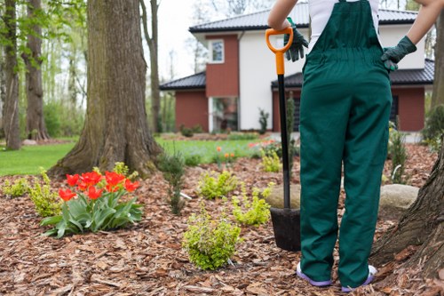 A person in green gardening overalls stands in a well-maintained garden in Shepherds Bush, holding a small garden spade with an orange handle, ready for planting. The garden features a lush, green lawn with a mixture of soil and mulch beds, bordered by a variety of small shrubs and flowering plants, including bright red tulips in the foreground. Behind, mature trees with thick trunks provide partial shade, and a modern, red-brick house with large windows and a black roof is visible in the background. The garden is neatly arranged with clear pathways, and the overall outdoor setting appears vibrant and healthy, reflecting professional planting and landscaping work. The weather is clear, emphasizing natural light illuminating the scene, ideal for gardening activities. This image exemplifies typical garden maintenance and planting services provided by Landscapers Shepherds Bush, situated in the W12 postcode area, supporting local gardening and landscaping needs in the Shepherds Bush vicinity.