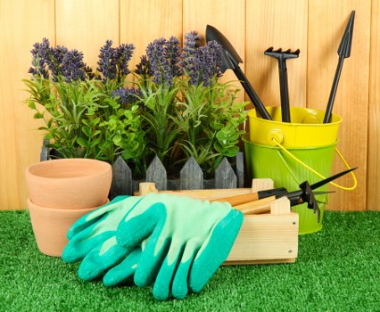 The image displays a neatly arranged garden tool collection set against a wooden fence, including a bright yellow plastic bucket holding various hand tools such as trowels and a cultivator, along with a pair of green rubber gardening gloves resting on the green artificial turf ground. To the left of the tools, there are several empty terracotta plant pots lined up, with a row of potted lavender plants featuring green foliage and purple flower spikes situated behind. A small wooden planter box with a few gardening tools rests on the grass, contributing to a well-organized gardening scene suitable for landscaping and outdoor maintenance in Shepherds Bush or similar London suburbs. The environment appears to be a well-maintained outdoor space prepared for planting or lawn care activities, reflecting typical gardening services offered by Landscapers Shepherds Bush for residential gardens, including planting, pruning, and general outdoor upkeep, with natural lighting indicating a clear day.